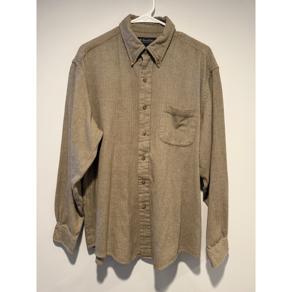 VTG Brooks Brothers Mens Tan Herringbone Cotton Flannel Button Down Shirt Large